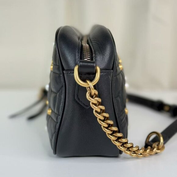 Gucci Black Leather Marmont Shoulder Bag Crossbody with Pearl Embellished - Picture 2 of 9